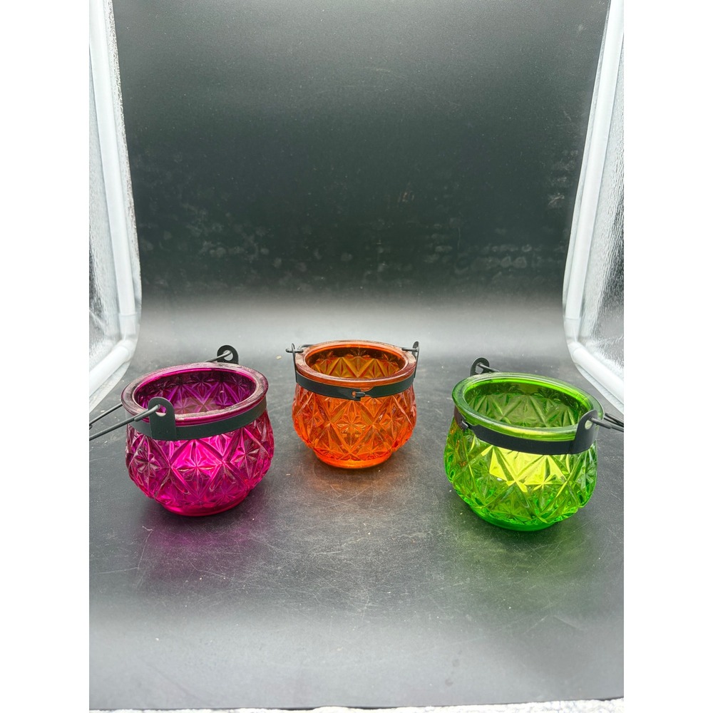 Set 3 Jewel‎ Tone Glass Votive Candle Holders w/Metal Handles Pink Green Orange